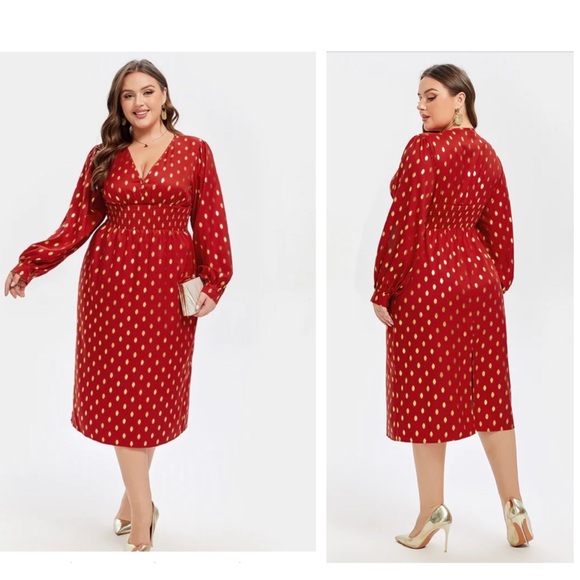 CurveSoul polka Dot V-Neck lantern sleeve midi Size 3X 22W 24W Plus-Size Dress - Picture 1 of 14